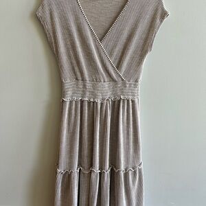 Caution To The Wind Beige Striped Midi Dress